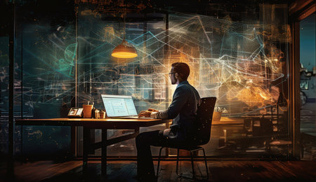 Young businessman sitting at desk in office and using laptop. Mixed mediaの素材