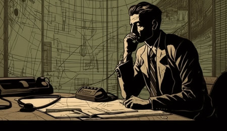 Illustration of a businessman talking on the phone in his office.の素材