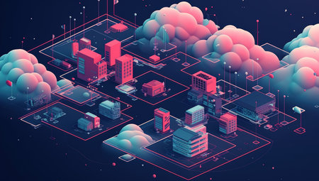 Vector isometric illustration of modern city with skyscrapers and high-rise buildings.の素材
