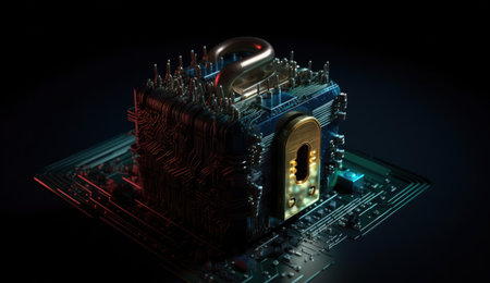 Cyber security concept with lock on circuit board. 3d illustrationの素材