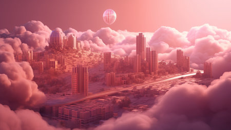 Futuristic city in the clouds. 3d render illustration.の素材