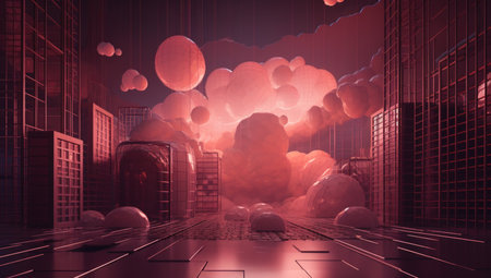 Futuristic city with planets in the sky. 3D renderingの素材