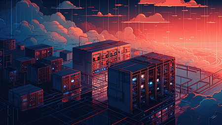Data center isometric background with server room and cloud computing system. Vector illustration.の素材