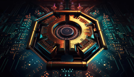 3d rendering of abstract technology concept with circuit board and gear wheelの素材