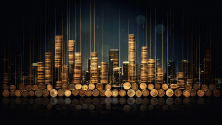 Double exposure of golden coins stack with cityscape background. Investment and saving concept.の素材