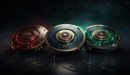 Close-up of three colored car brake discs on a dark backgroundの素材