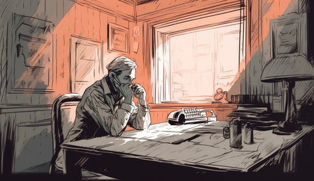 Man sitting at the table and reading a book. Vector illustration.の素材