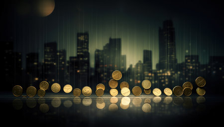 Conceptual image of golden coins with cityscape in the backgroundの素材