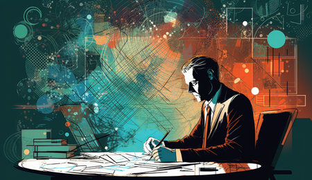 Businessman sitting at the table and working with documents. Vector illustrationの素材