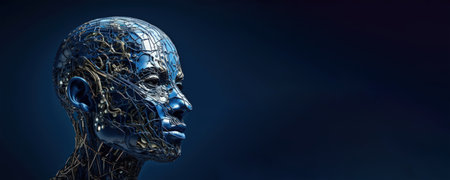 Cyborg head with wireframe, 3d rendering. Computer digital drawing.の素材