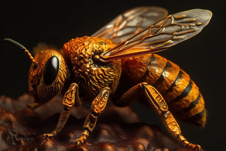 Solo honey bee shines against a dark backdrop, revealing fine details. Generative AIの素材