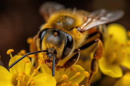 Macro shot of a bee, hard at work gathering nectar on vibrant yellow bloom. Generative AIの素材