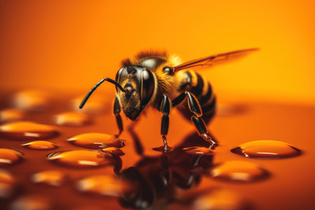 Solo honey bee shines against a dark backdrop, revealing fine details. Generative AIの素材