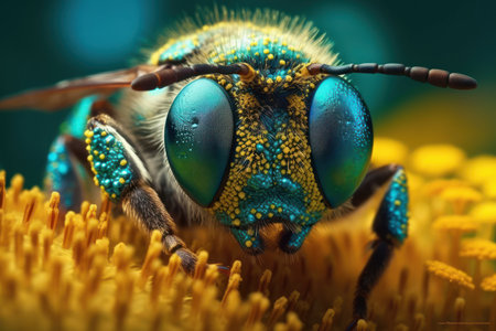 Macro shot of a bee, hard at work gathering nectar on vibrant yellow bloom. Generative AIの素材
