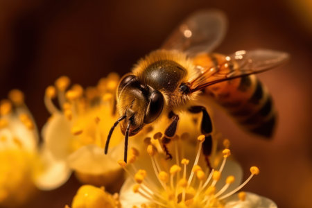 Macro shot of a bee, hard at work gathering nectar on vibrant yellow bloom. Generative AIの素材