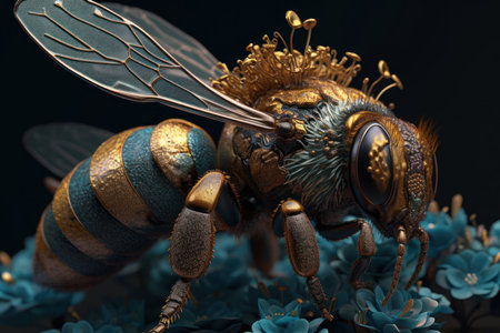 Honey bee queen graces a blue bloom, showcasing natural leadership. Generative AIの素材