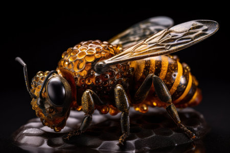 Solo honey bee shines against a dark backdrop, revealing fine details. Generative AIの素材