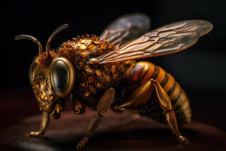 Solo honey bee shines against a dark backdrop, revealing fine details. Generative AIの素材