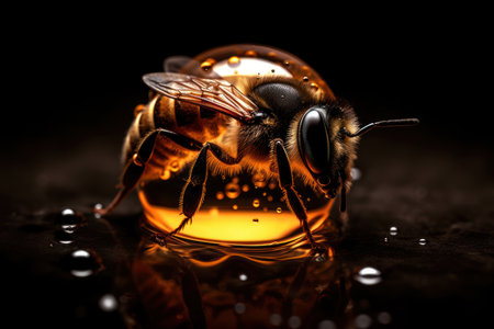 Solo honey bee shines against a dark backdrop, revealing fine details. Generative AIの素材
