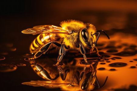 Solo honey bee shines against a dark backdrop, revealing fine details. Generative AIの素材