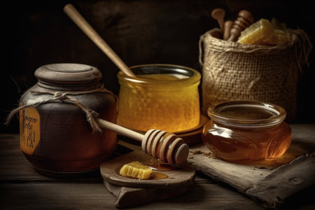 Golden honey cascades from dipper to jar, a delicious treasure in the dark. Generative AIの素材