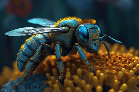 Macro shot of a bee, hard at work gathering nectar on vibrant yellow bloom. Generative AIの素材