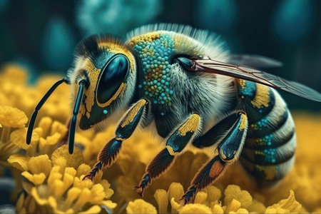 Macro shot of a bee, hard at work gathering nectar on vibrant yellow bloom. Generative AIの素材