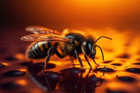 Solo honey bee shines against a dark backdrop, revealing fine details. Generative AIの素材