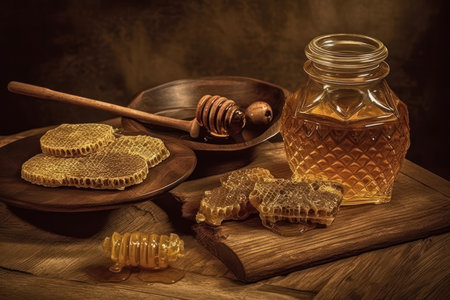 Golden honey cascades from dipper to jar, a delicious treasure in the dark. Generative AIの素材