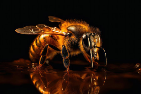 Solo honey bee shines against a dark backdrop, revealing fine details. Generative AIの素材