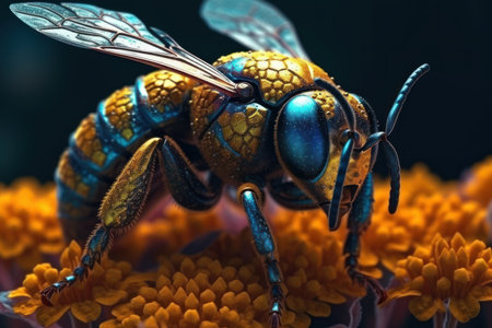 Macro shot of a bee, hard at work gathering nectar on vibrant yellow bloom. Generative AIの素材