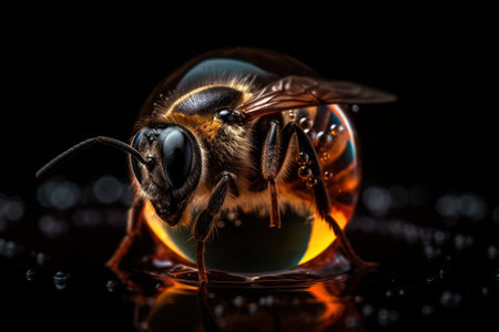 Solo honey bee shines against a dark backdrop, revealing fine details. Generative AIの素材