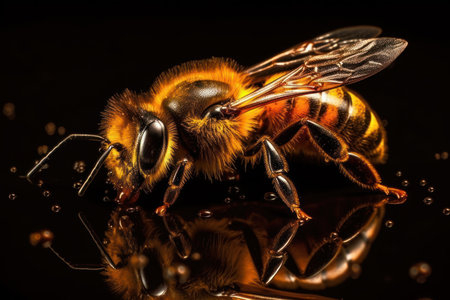 Solo honey bee shines against a dark backdrop, revealing fine details. Generative AIの素材