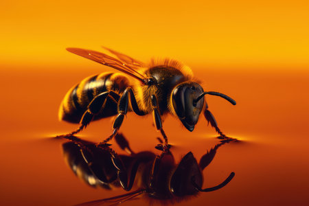Solo honey bee shines against a dark backdrop, revealing fine details. Generative AIの素材