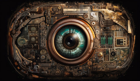 Human eye melds with circuitry, epitomizing technology's reach. Generative AIの素材