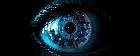 Intricate blend of cyborg female visage and high tech cyber security, AI concepts unite., copy space. Generative AIの素材