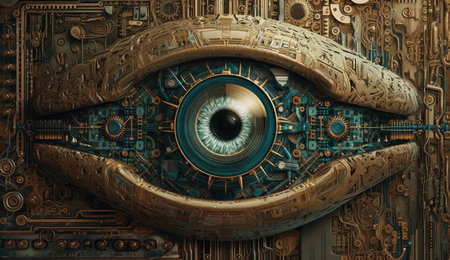 Human eye melds with circuitry, epitomizing technology's reach. Generative AIの素材