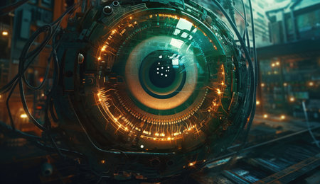 Human eye melds with circuitry, epitomizing technology's reach. Generative AIの素材
