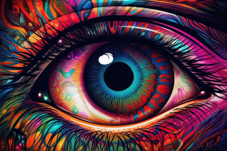 Vibrant close up of an eye, a mesmerizing blend of colors in a psychedelic design. Generative AIの素材