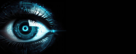 Intricate blend of cyborg female visage and high tech cyber security, AI concepts unite., copy space. Generative AIの素材