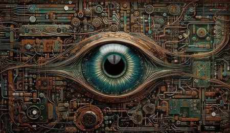Human eye melds with circuitry, epitomizing technology's reach. Generative AIの素材