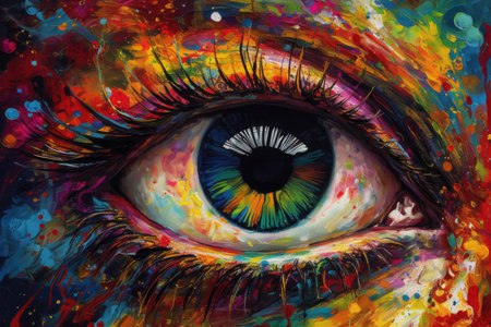 Vibrant multicolored makeup adorns a woman's eye, celebrating LGBTQ pride. Generative AIの素材
