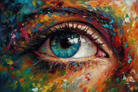 Vibrant multicolored makeup adorns a woman's eye, celebrating LGBTQ pride. Generative AIの素材