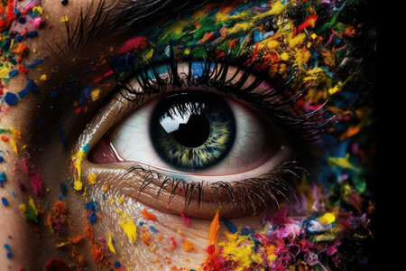 Vibrant multicolored makeup adorns a woman's eye, celebrating LGBTQ pride. Generative AIの素材