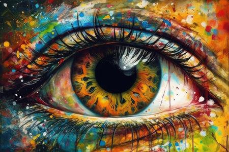 Vibrant multicolored makeup adorns a woman's eye, celebrating LGBTQ pride. Generative AIの素材