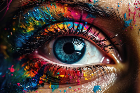 Vibrant multicolored makeup adorns a woman's eye, celebrating LGBTQ pride. Generative AIの素材