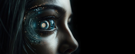 Intricate blend of cyborg female visage and high tech cyber security, AI concepts unite., copy space. Generative AIの素材