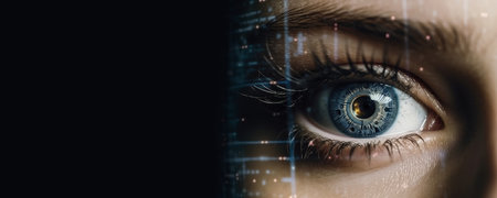Intricate blend of cyborg female visage and high tech cyber security, AI concepts unite., copy space. Generative AIの素材