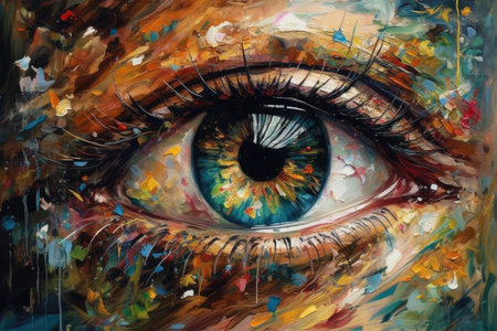 Vibrant multicolored makeup adorns a woman's eye, celebrating LGBTQ pride. Generative AIの素材