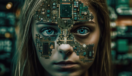 Intricate blend of cyborg female visage and high tech cyber security, AI concepts unite. Generative AIの素材